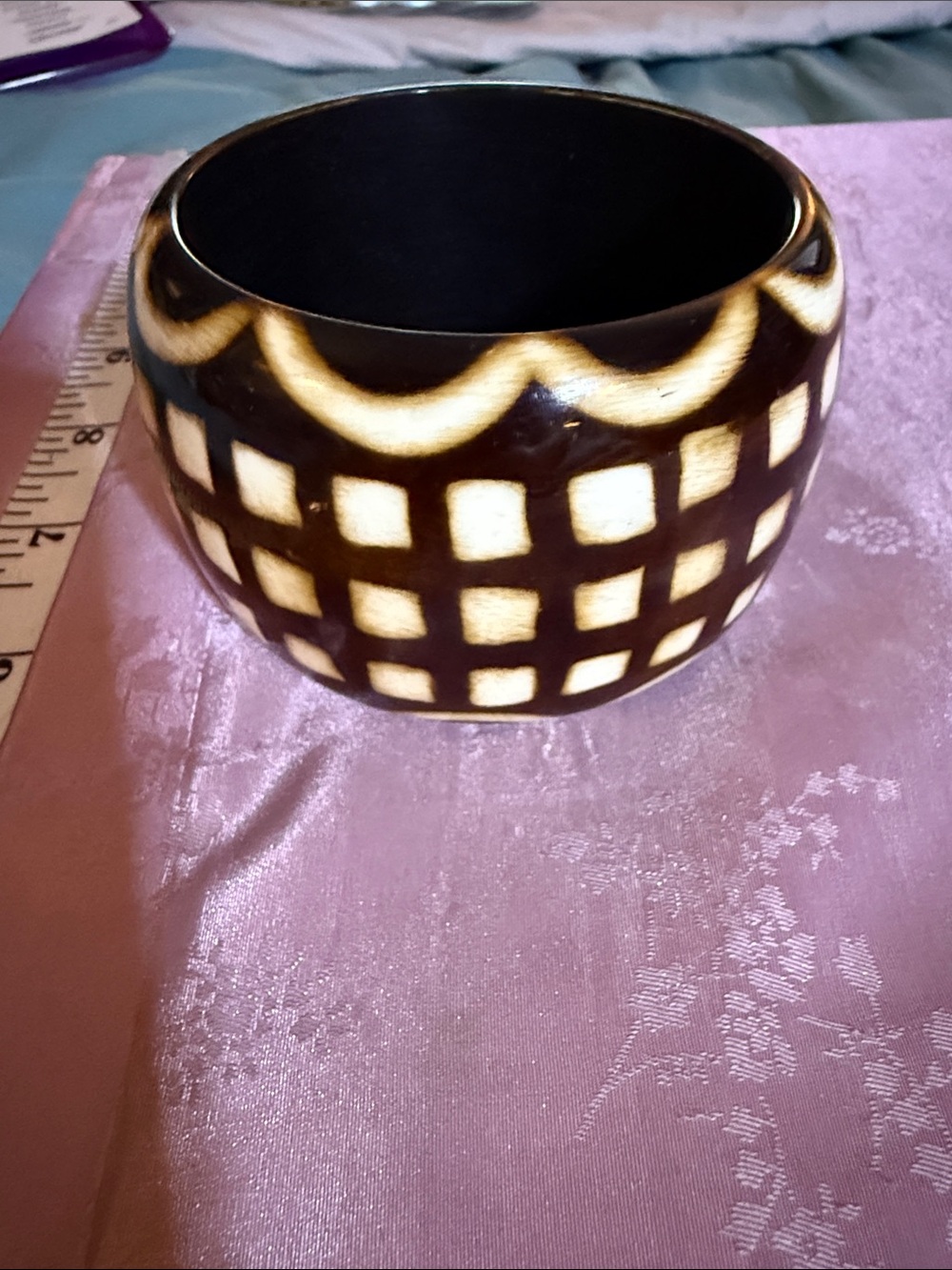 Handcrafted Dark Brown and Cream Carved Bangle Bracelet
